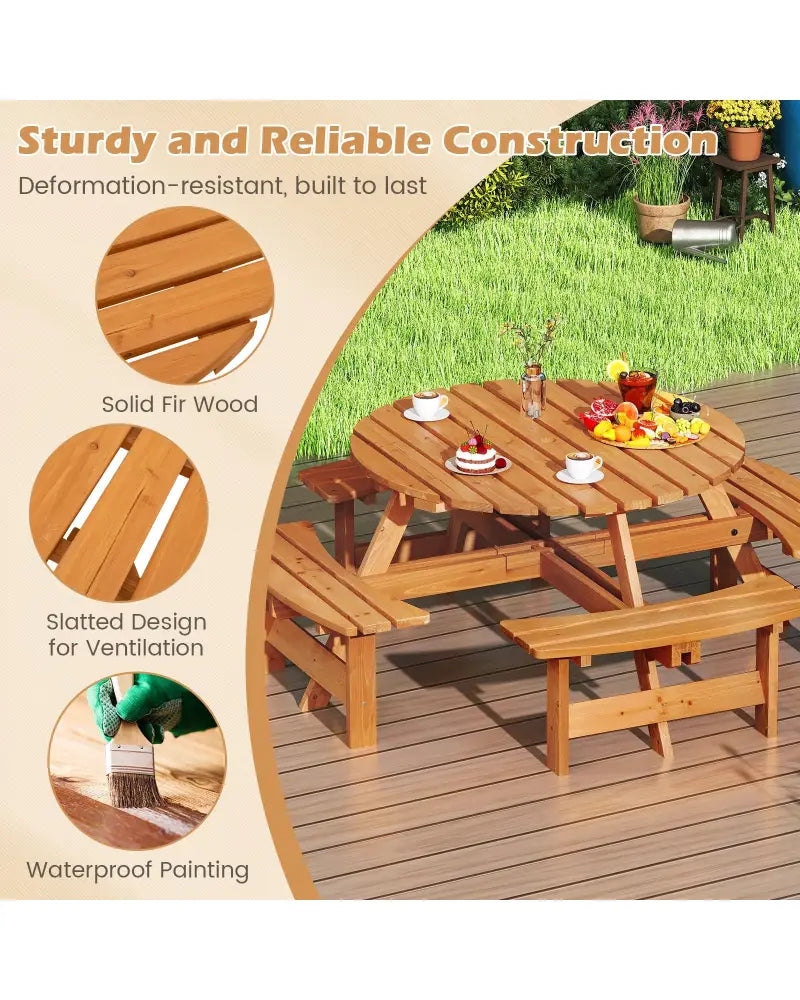 8-Person Round Picnic Table Set Circular Patio Dining Camping Table with Benches-Yellow - Yellow - Patio Dining Sets