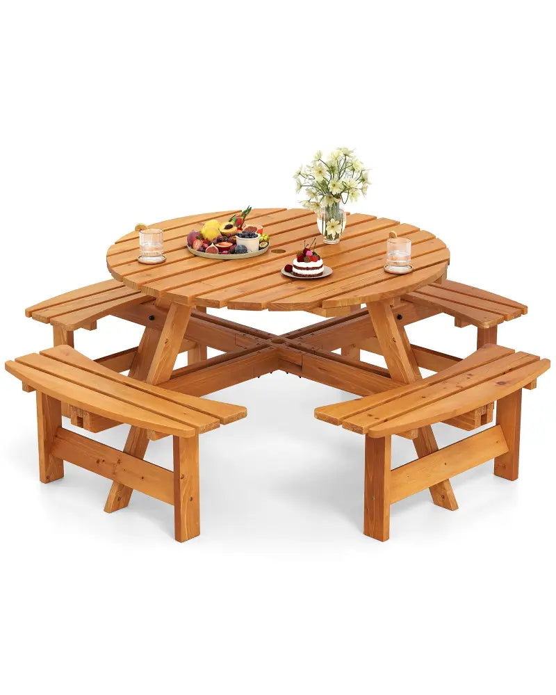 8-Person Round Picnic Table Set Circular Patio Dining Camping Table with Benches-Yellow - Yellow - Patio Dining Sets