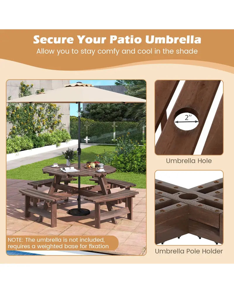 8-Person Round Picnic Table Set Circular Patio Dining Camping Table with Benches-Brown - Brown - Patio Dining Sets
