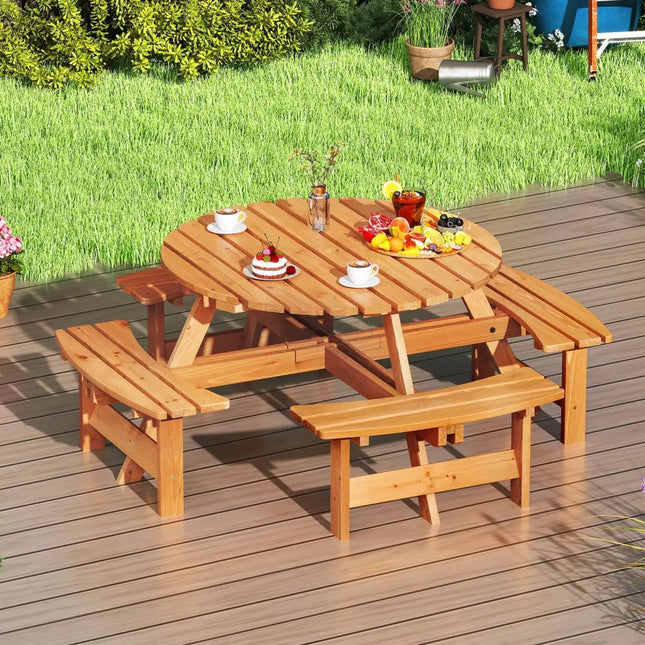 8-Person Round Picnic Table Set Circular Patio Dining Camping Table with Benches-Yellow - Yellow - Patio Dining Sets