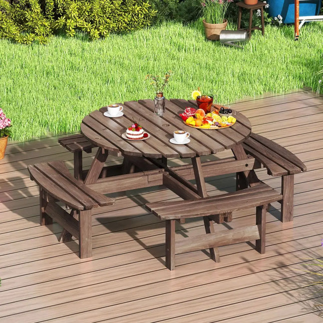 8-Person Round Picnic Table Set Circular Patio Dining Camping Table with Benches-Brown - Brown - Patio Dining Sets