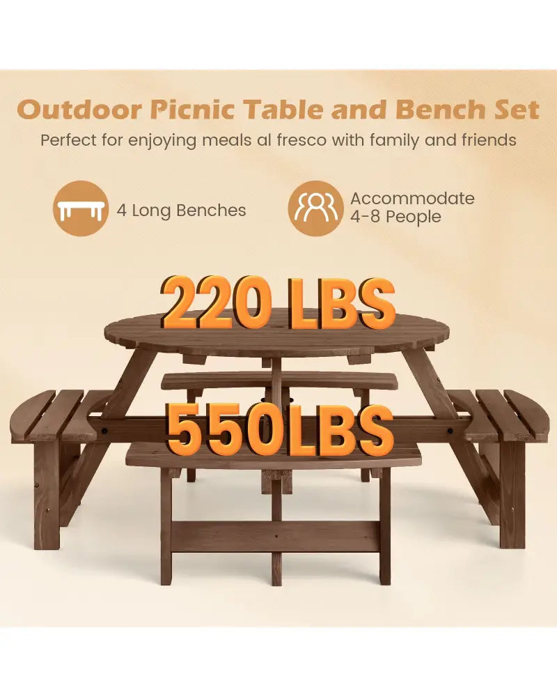 8-Person Round Picnic Table Set Circular Patio Dining Camping Table with Benches-Brown - Brown - Patio Dining Sets