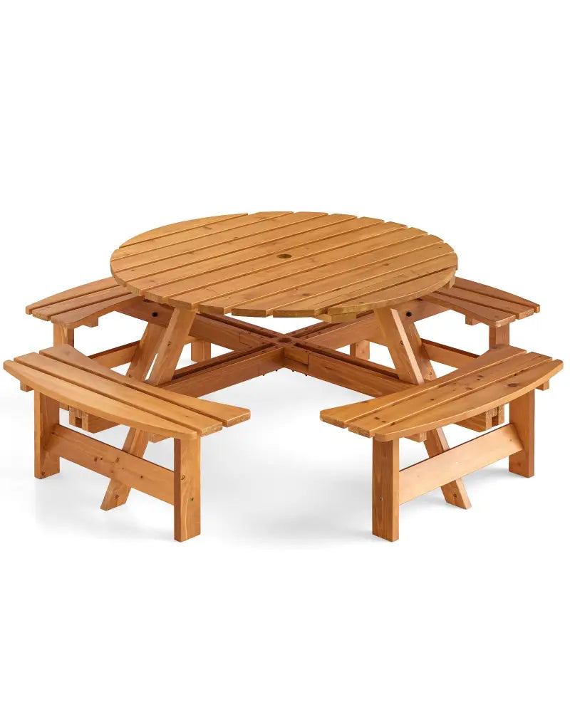 8-Person Round Picnic Table Set Circular Patio Dining Camping Table with Benches-Yellow - Yellow - Patio Dining Sets