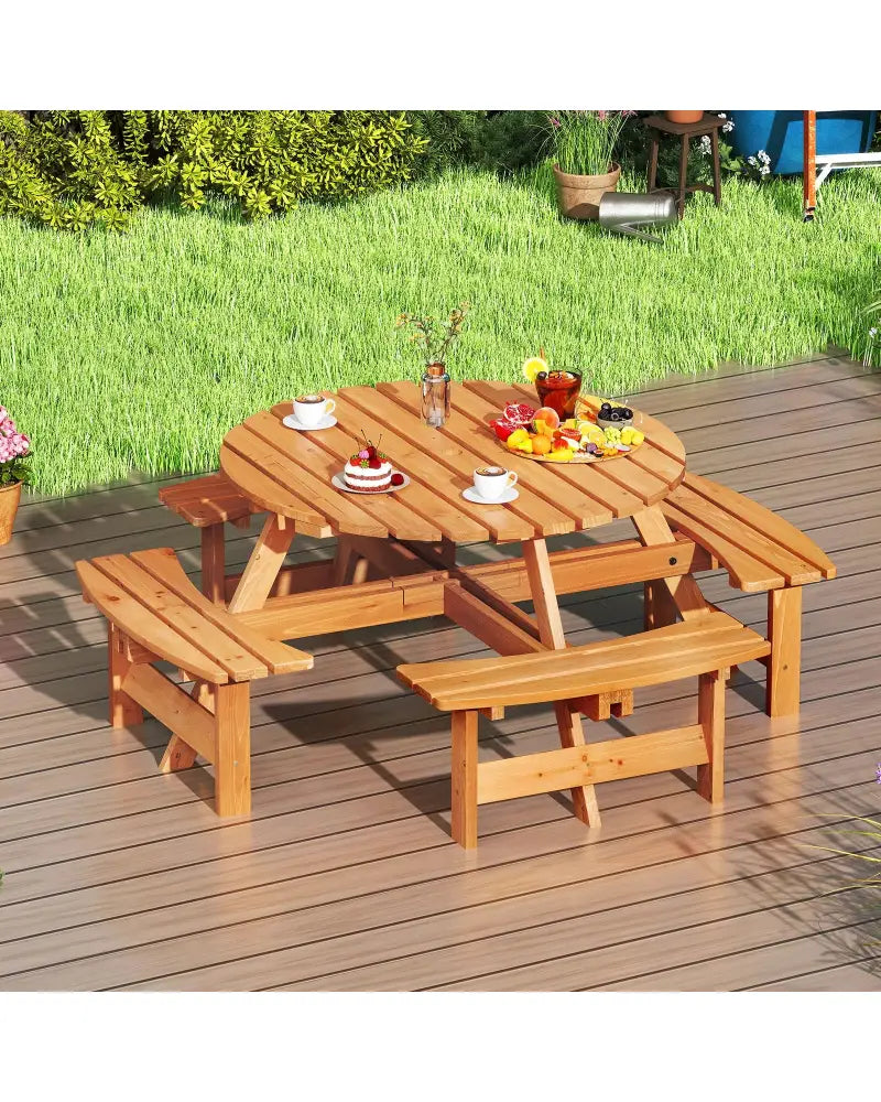 8-Person Round Picnic Table Set Circular Patio Dining Camping Table with Benches-Yellow - Yellow - Patio Dining Sets