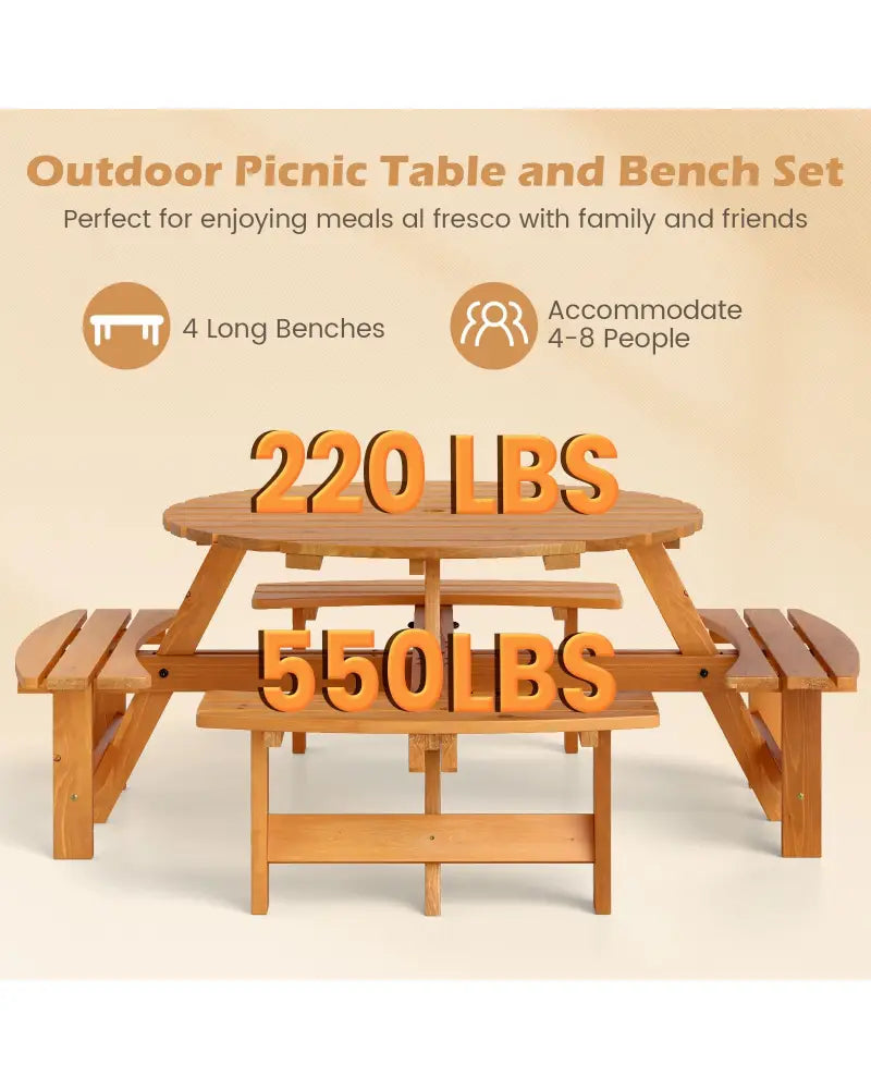 8-Person Round Picnic Table Set Circular Patio Dining Camping Table with Benches-Yellow - Yellow - Patio Dining Sets
