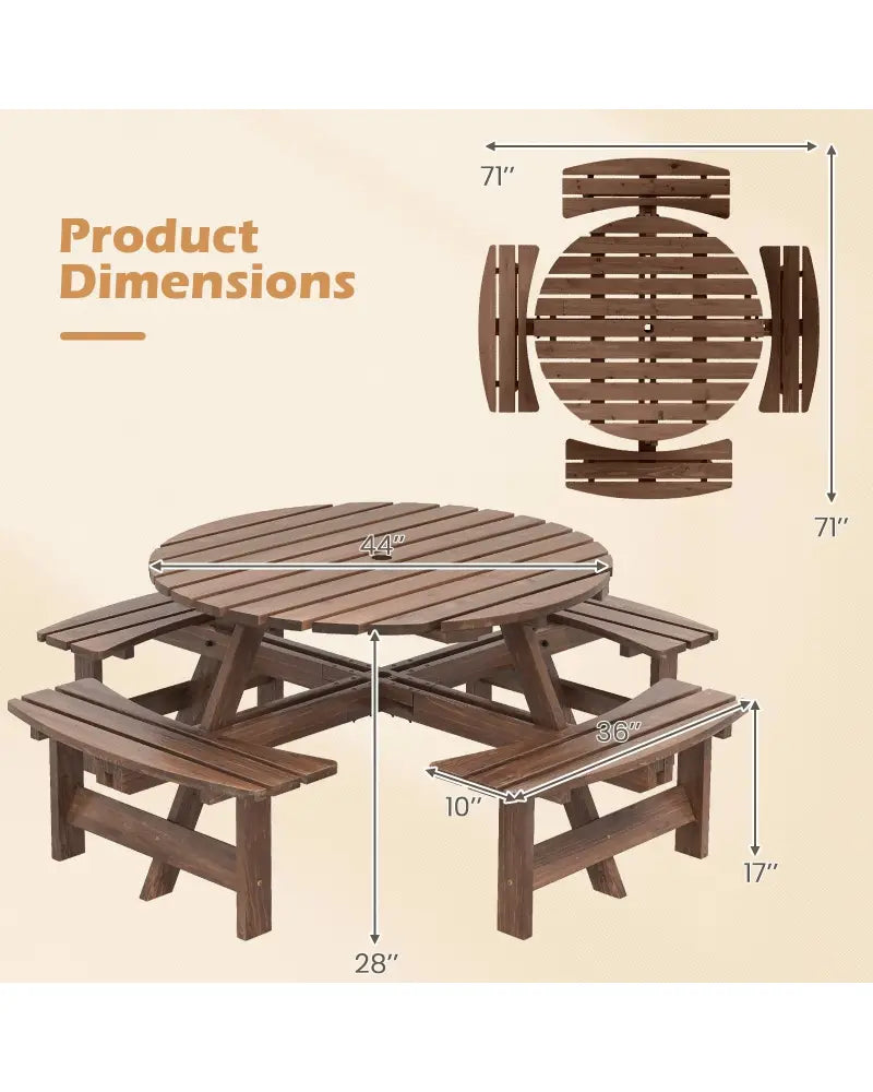 8-Person Round Picnic Table Set Circular Patio Dining Camping Table with Benches-Brown - Brown - Patio Dining Sets