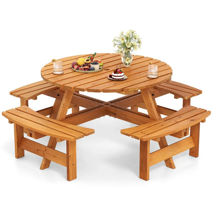 8-Person Round Picnic Table Set Circular Patio Dining Camping Table with Benches-Yellow - Yellow - Patio Dining Sets