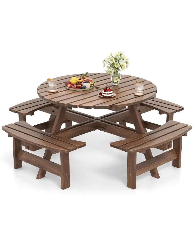 8-Person Round Picnic Table Set Circular Patio Dining Camping Table with Benches-Brown - Brown - Patio Dining Sets