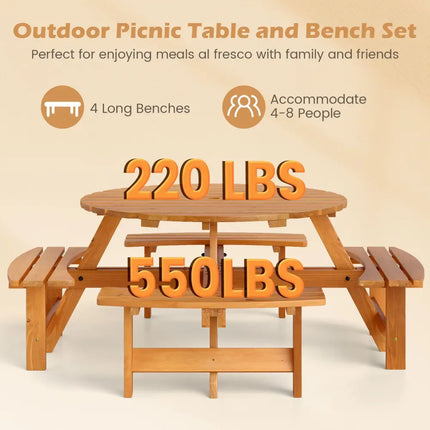 8-Person Round Picnic Table Set Circular Patio Dining Camping Table with Benches-Yellow - Yellow - Patio Dining Sets