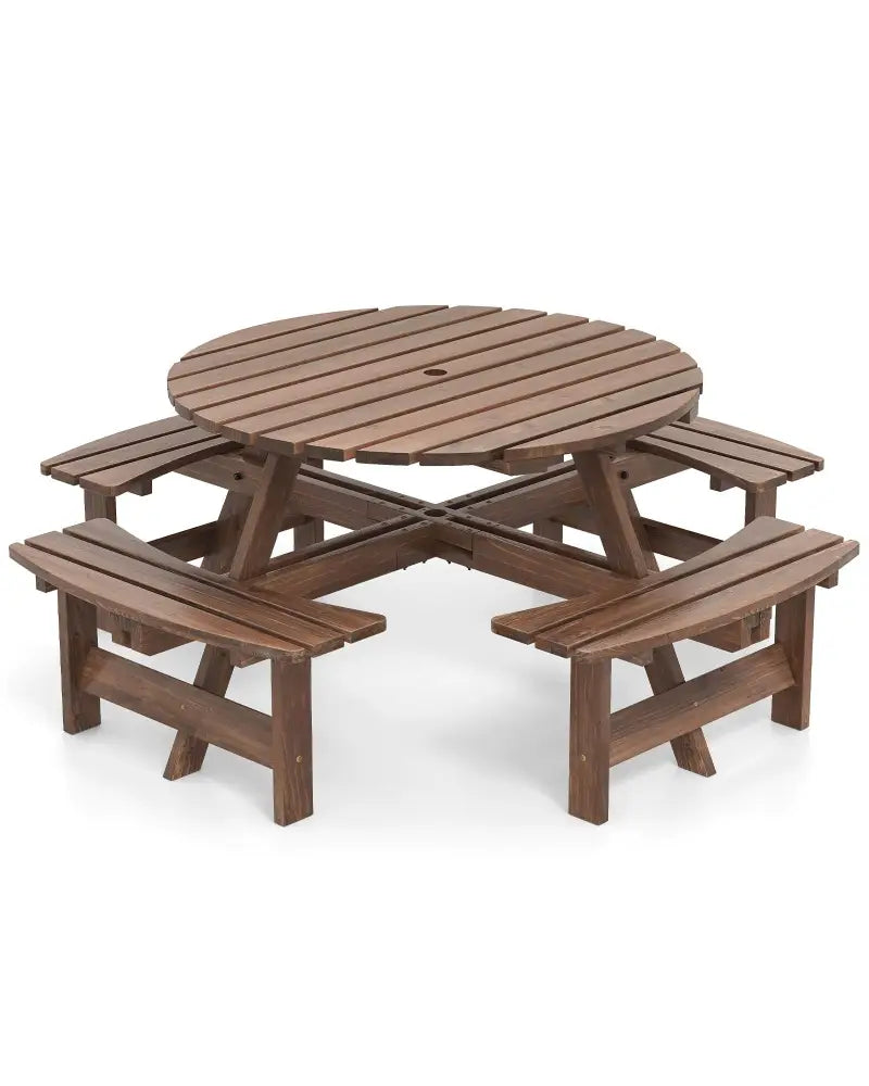 8-Person Round Picnic Table Set Circular Patio Dining Camping Table with Benches-Brown - Brown - Patio Dining Sets