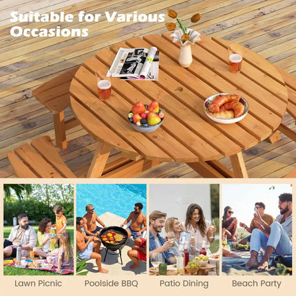 8-Person Round Picnic Table Set Circular Patio Dining Camping Table with Benches-Yellow - Yellow - Patio Dining Sets