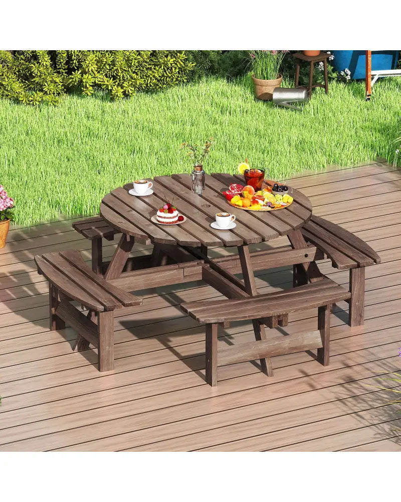 8-Person Round Picnic Table Set Circular Patio Dining Camping Table with Benches-Brown - Brown - Patio Dining Sets