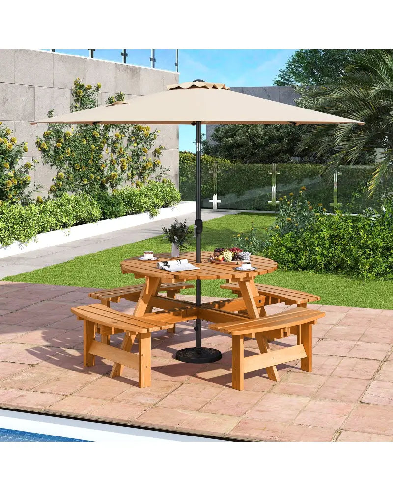 8-Person Round Picnic Table Set Circular Patio Dining Camping Table with Benches-Yellow - Yellow - Patio Dining Sets