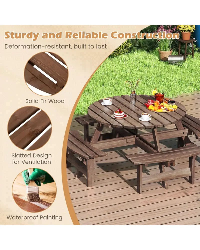 8-Person Round Picnic Table Set Circular Patio Dining Camping Table with Benches-Brown - Brown - Patio Dining Sets