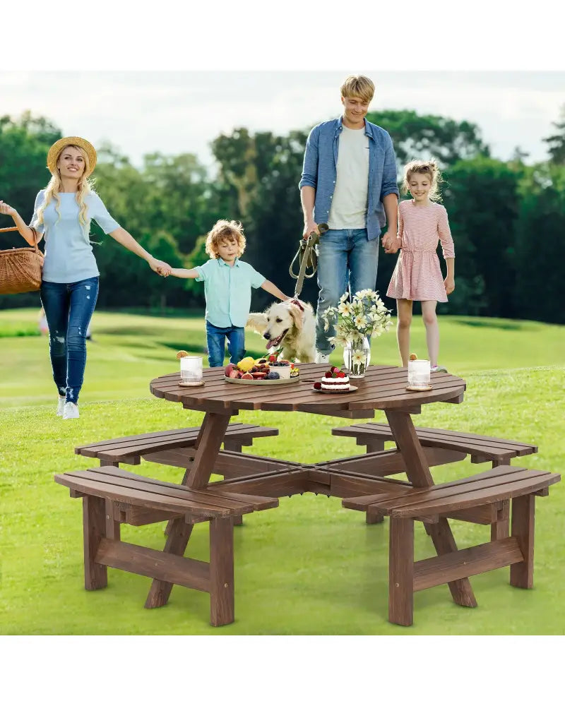 8-Person Round Picnic Table Set Circular Patio Dining Camping Table with Benches-Brown - Brown - Patio Dining Sets