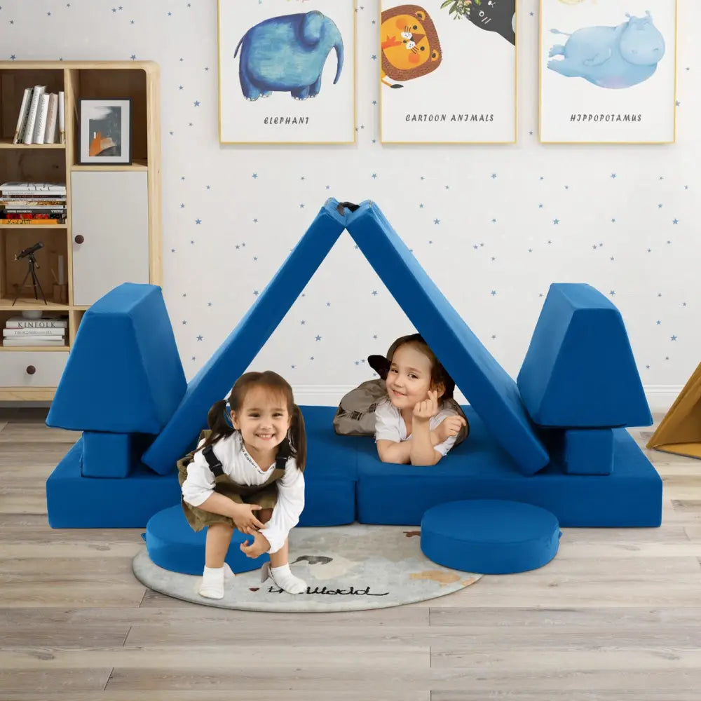 8-Piece Kids Play Couch Sofa with Portable Handle-Blue - Blue - Kids Chairs & Seating