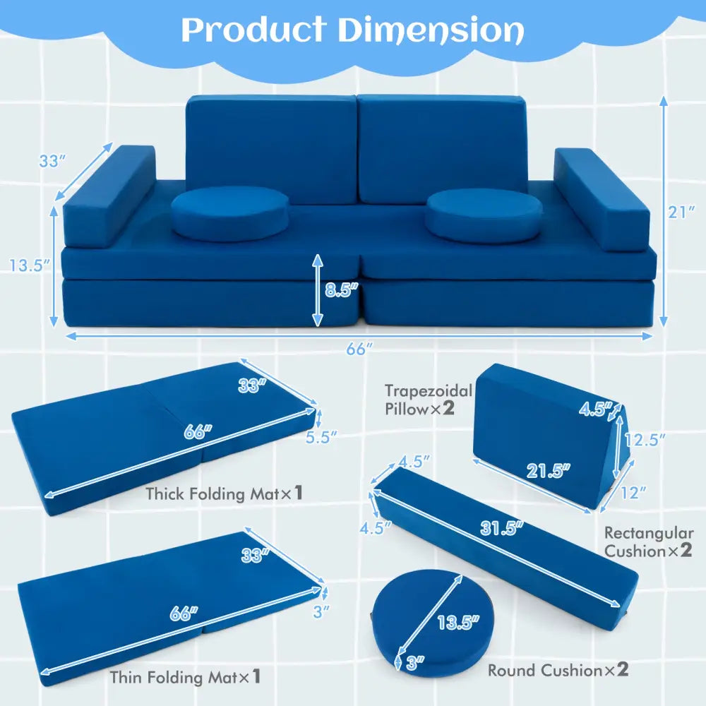 8-Piece Kids Play Couch Sofa with Portable Handle-Blue - Blue - Kids Chairs & Seating