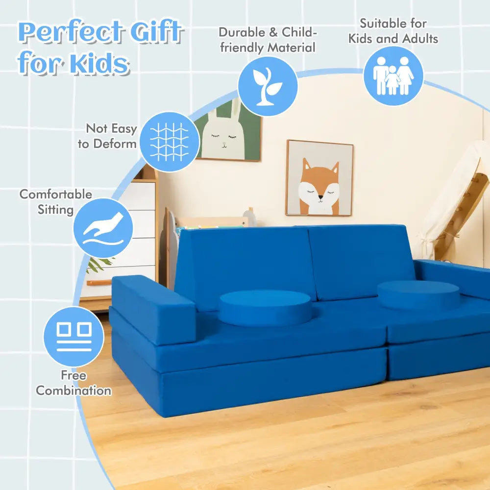 8-Piece Kids Play Couch Sofa with Portable Handle-Blue - Blue - Kids Chairs & Seating
