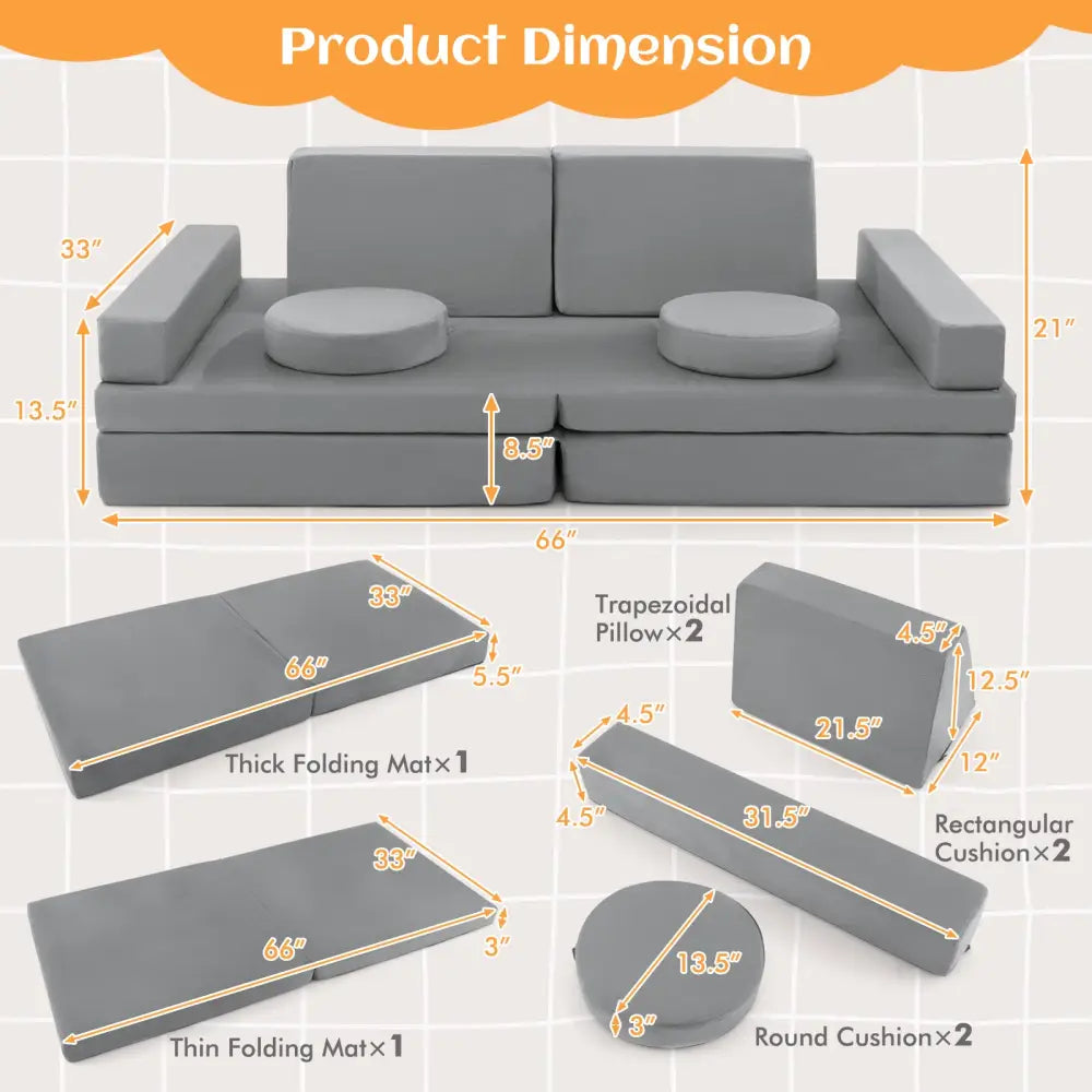 8-Piece Kids Play Couch Sofa with Portable Handle-Gray - Gray - Kids Chairs & Seating