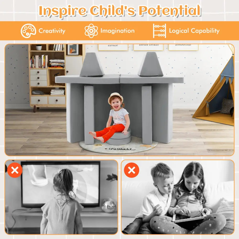 8-Piece Kids Play Couch Sofa with Portable Handle-Gray - Gray - Kids Chairs & Seating
