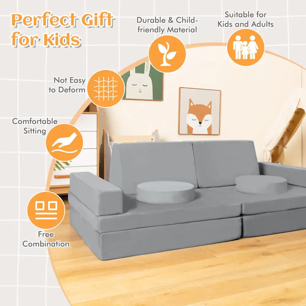 8-Piece Kids Play Couch Sofa with Portable Handle-Gray - Gray - Kids Chairs & Seating