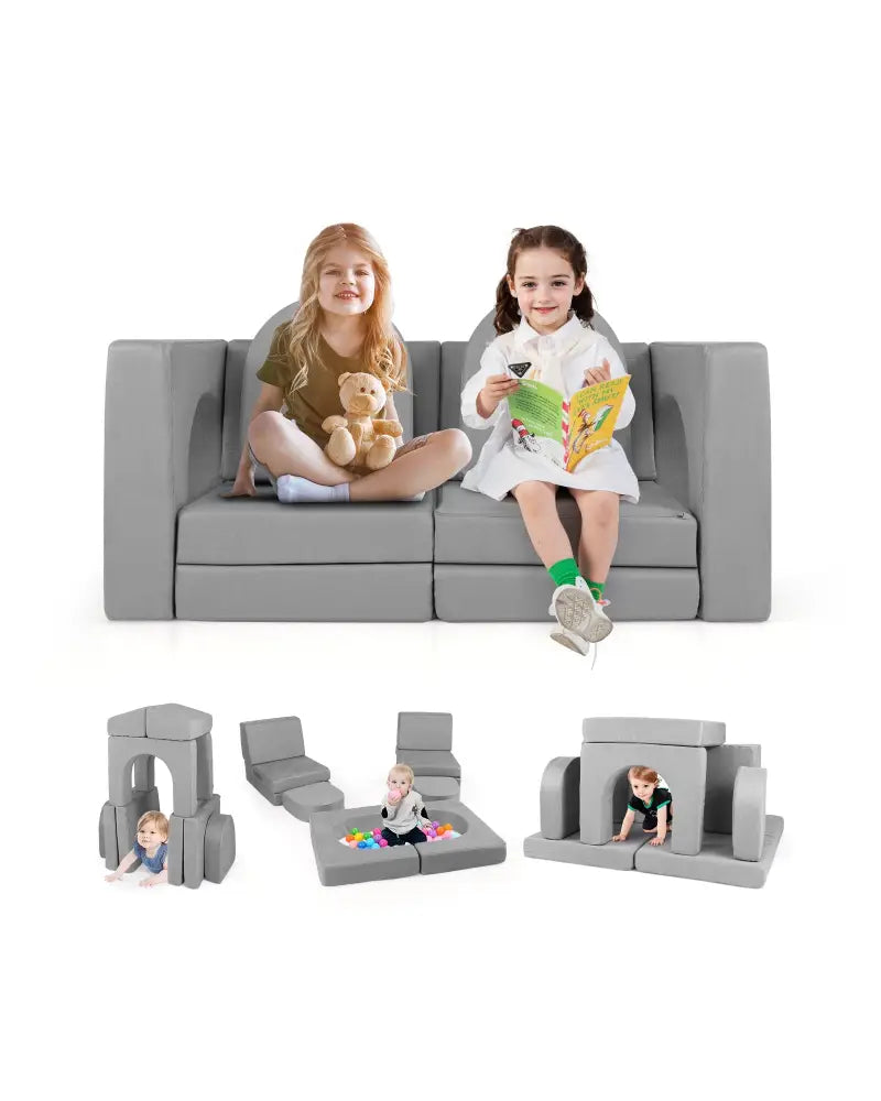 8-Piece Modular Kids Play Couch with Comfy Suede Fabric-Gray - Gray - Kids Chairs & Seating