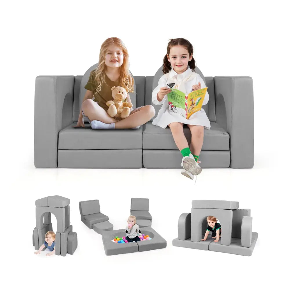 8-Piece Modular Kids Play Couch with Comfy Suede Fabric-Gray - Gray - Kids Chairs & Seating
