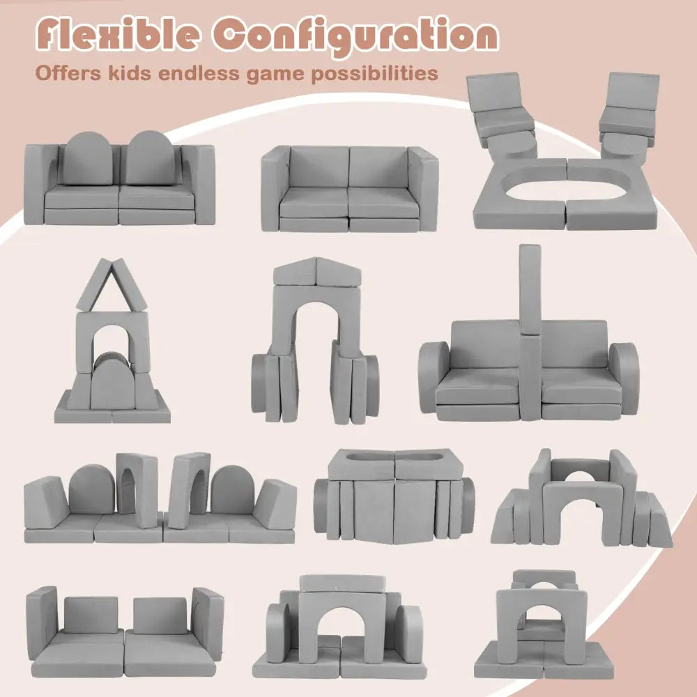 8-Piece Modular Kids Play Couch with Comfy Suede Fabric-Gray - Gray - Kids Chairs & Seating
