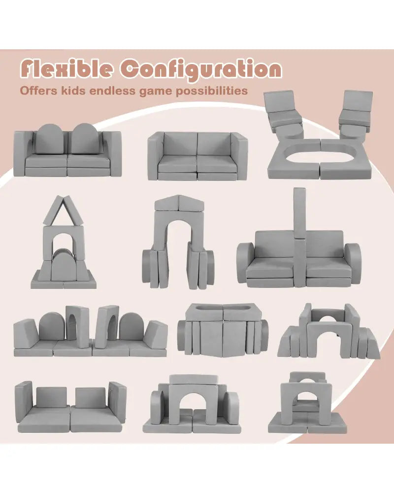 8-Piece Modular Kids Play Couch with Comfy Suede Fabric-Gray - Gray - Kids Chairs & Seating