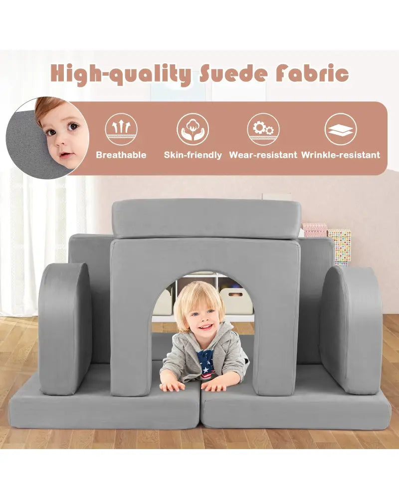 8-Piece Modular Kids Play Couch with Comfy Suede Fabric-Gray - Gray - Kids Chairs & Seating