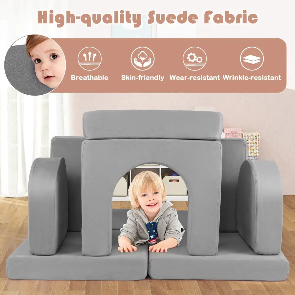 8-Piece Modular Kids Play Couch with Comfy Suede Fabric-Gray - Gray - Kids Chairs & Seating