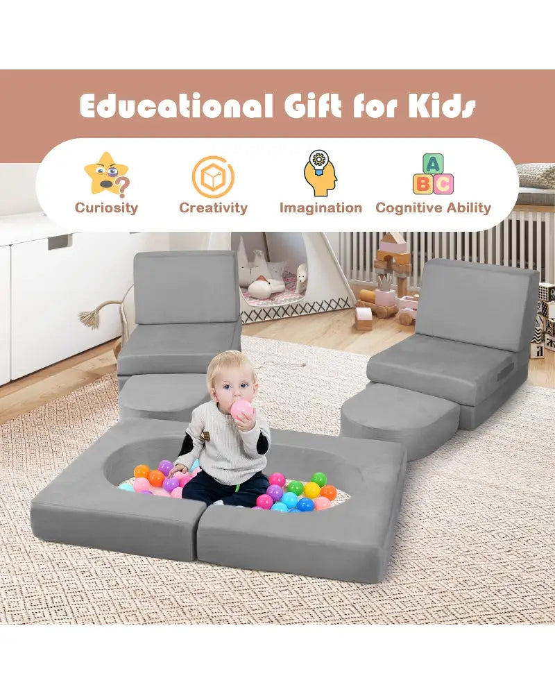8-Piece Modular Kids Play Couch with Comfy Suede Fabric-Gray - Gray - Kids Chairs & Seating