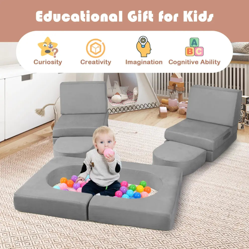 8-Piece Modular Kids Play Couch with Comfy Suede Fabric-Gray - Gray - Kids Chairs & Seating