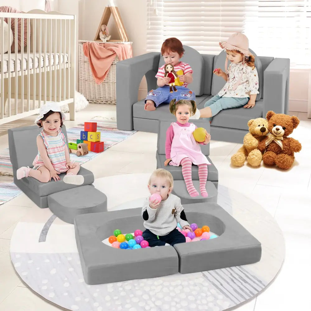8-Piece Modular Kids Play Couch with Comfy Suede Fabric-Gray - Gray - Kids Chairs & Seating