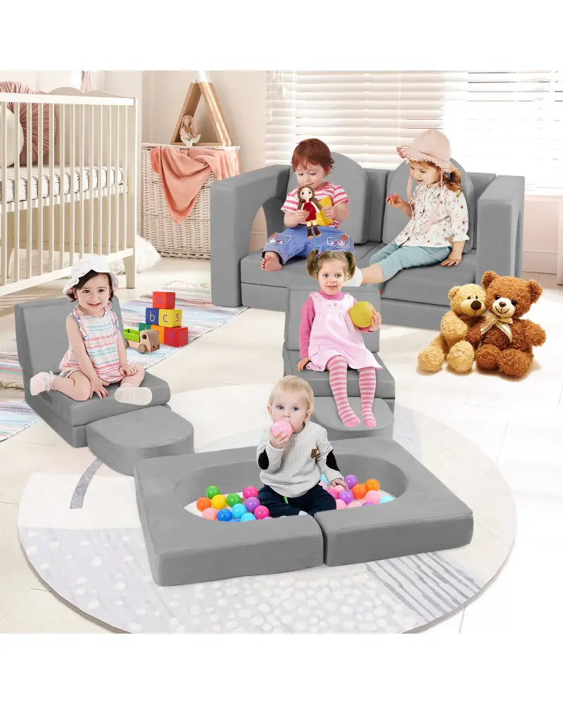 8-Piece Modular Kids Play Couch with Comfy Suede Fabric-Gray - Gray - Kids Chairs & Seating