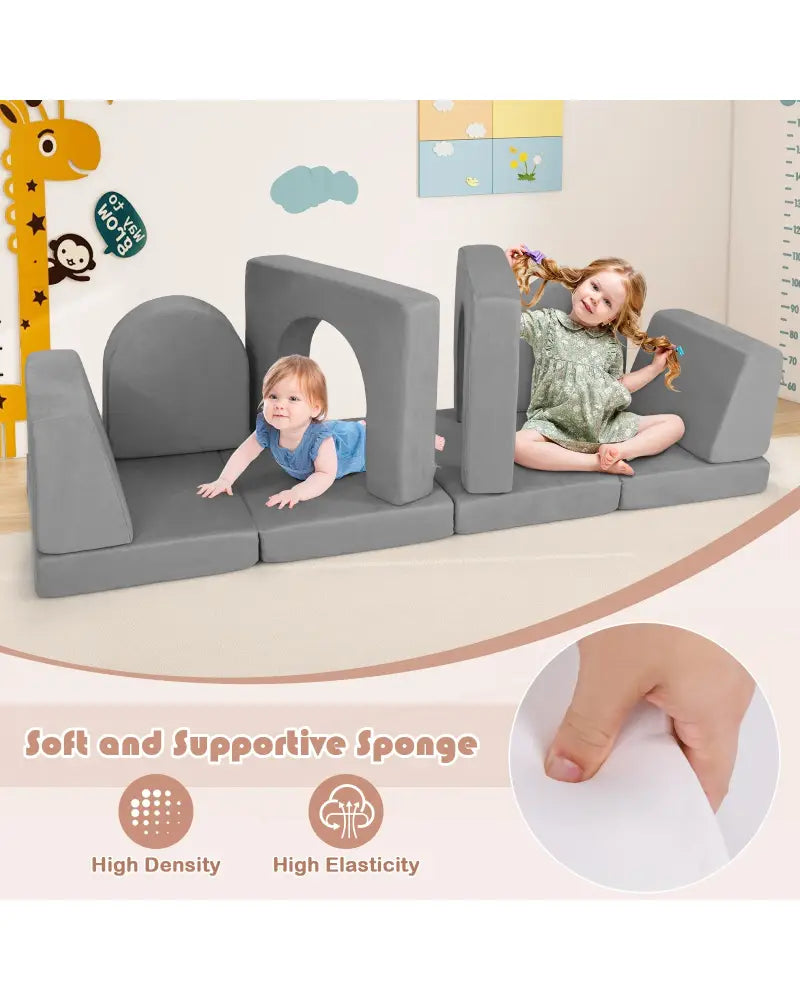 8-Piece Modular Kids Play Couch with Comfy Suede Fabric-Gray - Gray - Kids Chairs & Seating