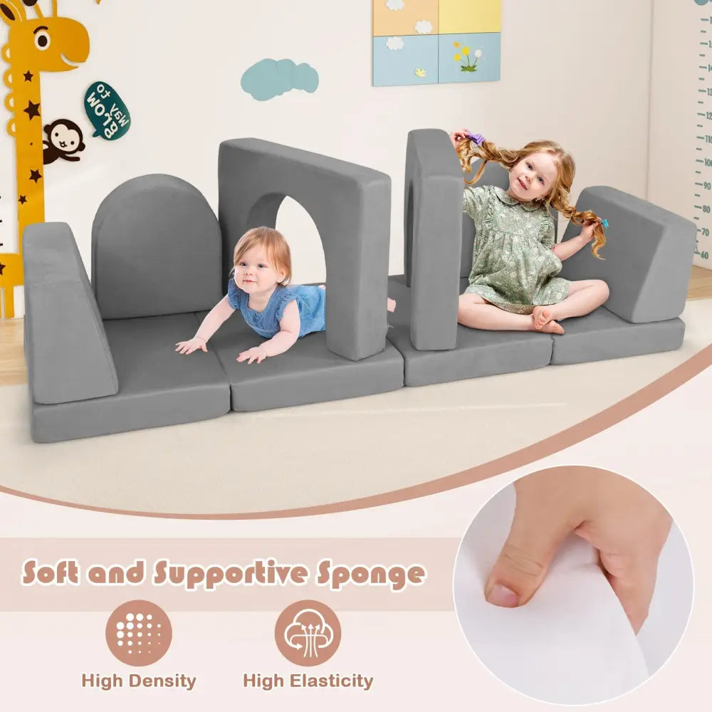 8-Piece Modular Kids Play Couch with Comfy Suede Fabric-Gray - Gray - Kids Chairs & Seating