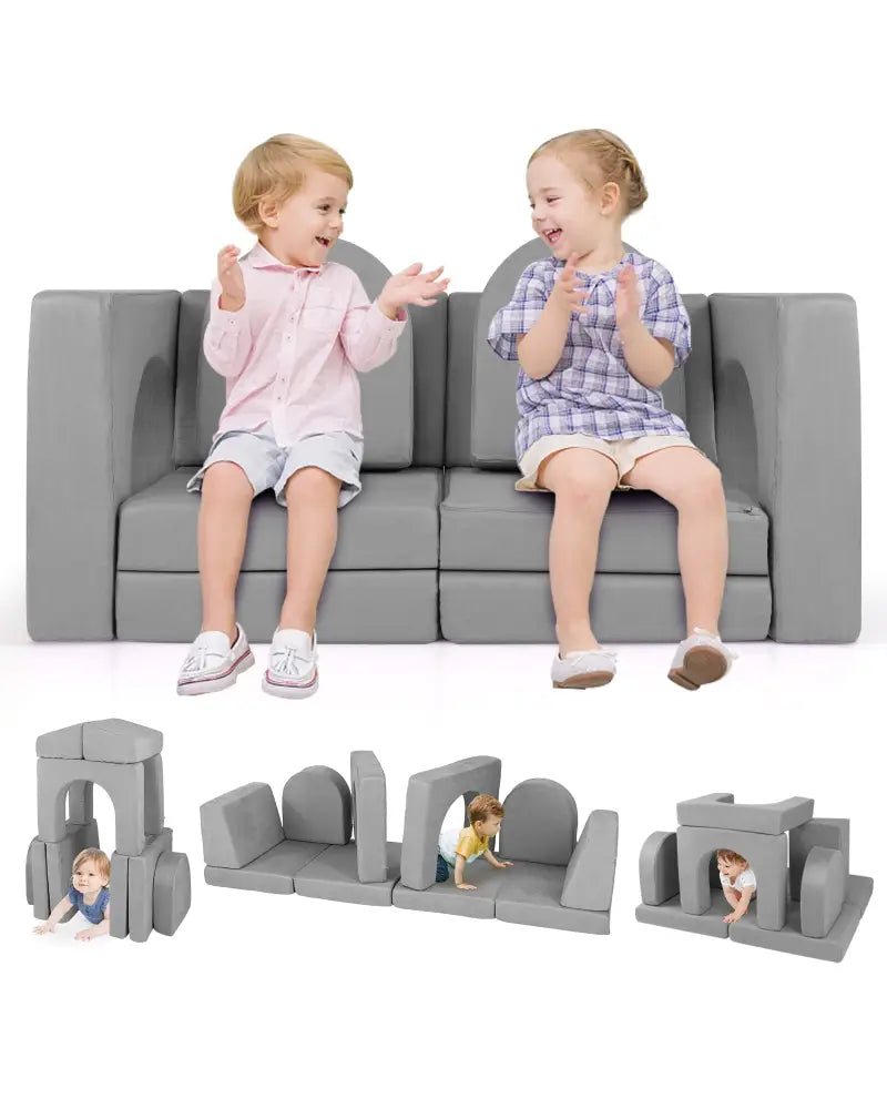 8-Piece Modular Kids Play Couch with Comfy Suede Fabric-Gray - Gray - Kids Chairs & Seating
