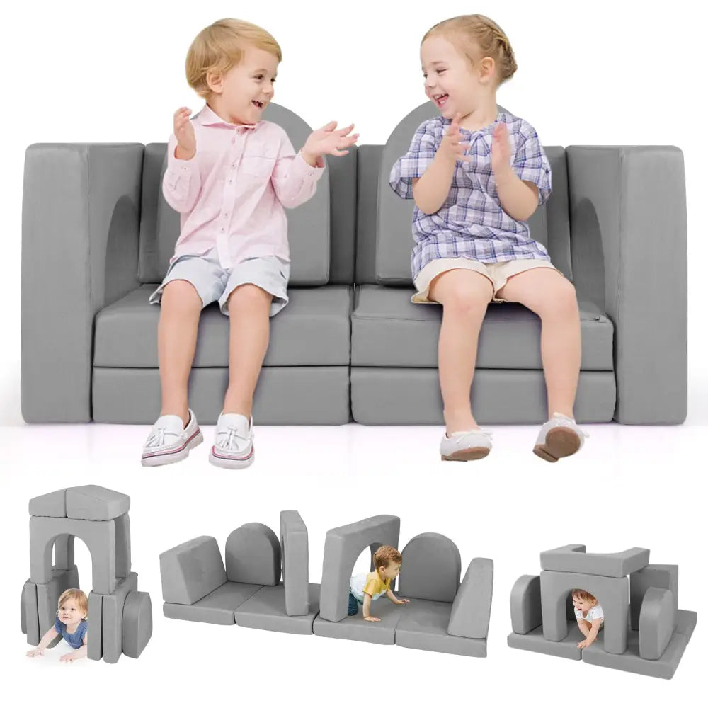 8-Piece Modular Kids Play Couch with Comfy Suede Fabric-Gray - Gray - Kids Chairs & Seating