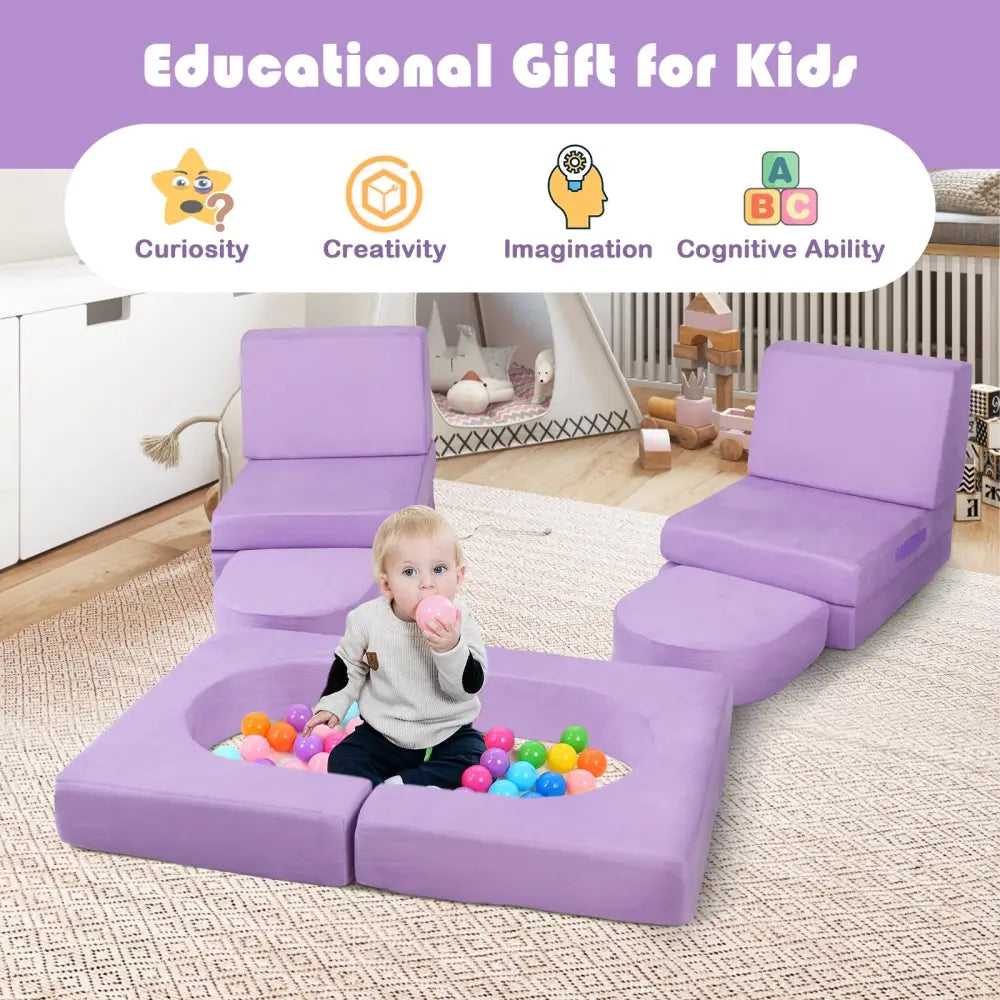 8-Piece Modular Kids Play Couch with Comfy Suede Fabric-Purple - Purple - Kids Chairs & Seating