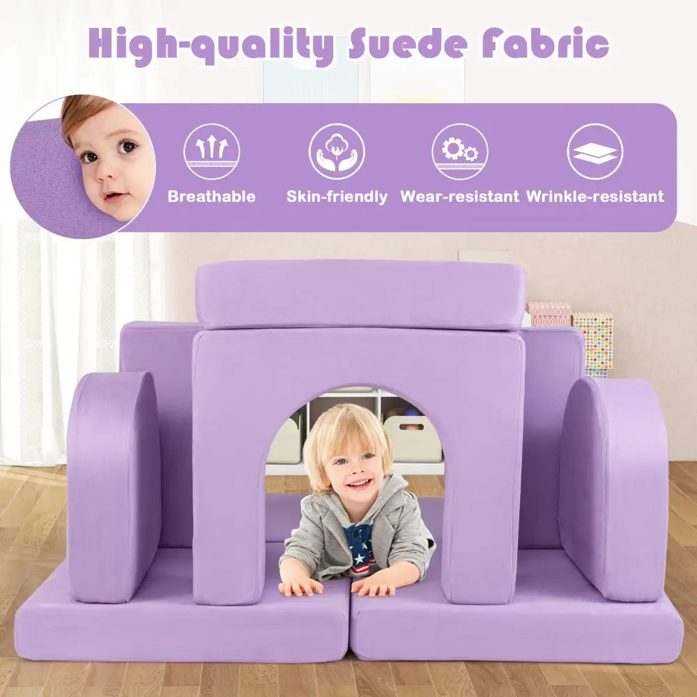 8-Piece Modular Kids Play Couch with Comfy Suede Fabric-Purple - Purple - Kids Chairs & Seating