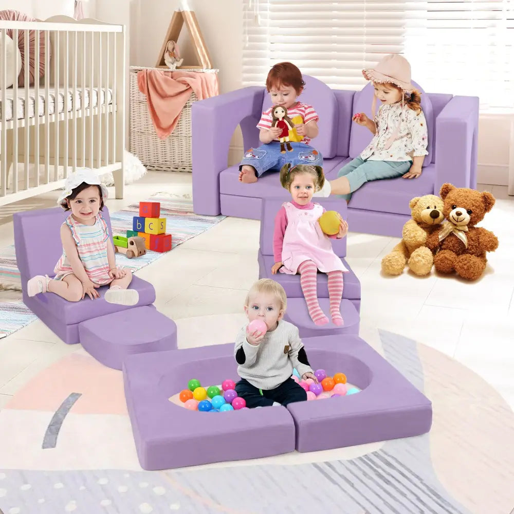 8-Piece Modular Kids Play Couch with Comfy Suede Fabric-Purple - Purple - Kids Chairs & Seating