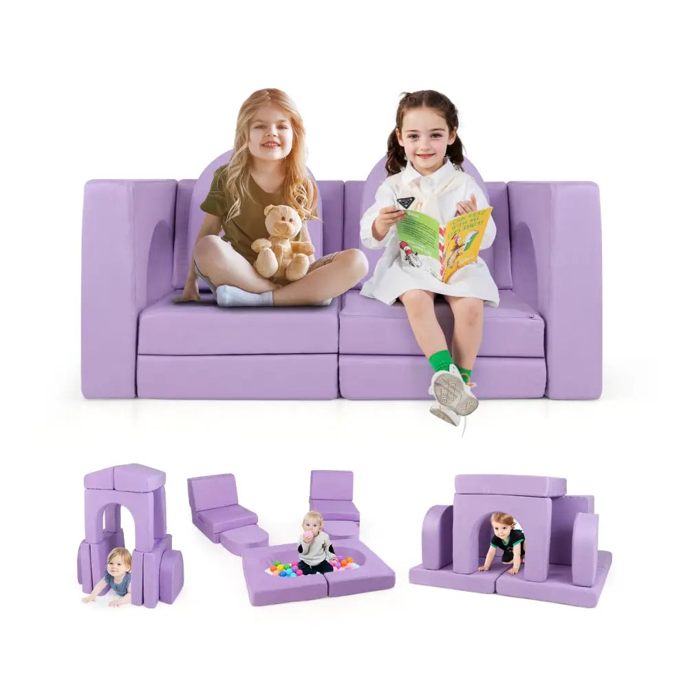 8-Piece Modular Kids Play Couch with Comfy Suede Fabric-Purple - Purple - Kids Chairs & Seating