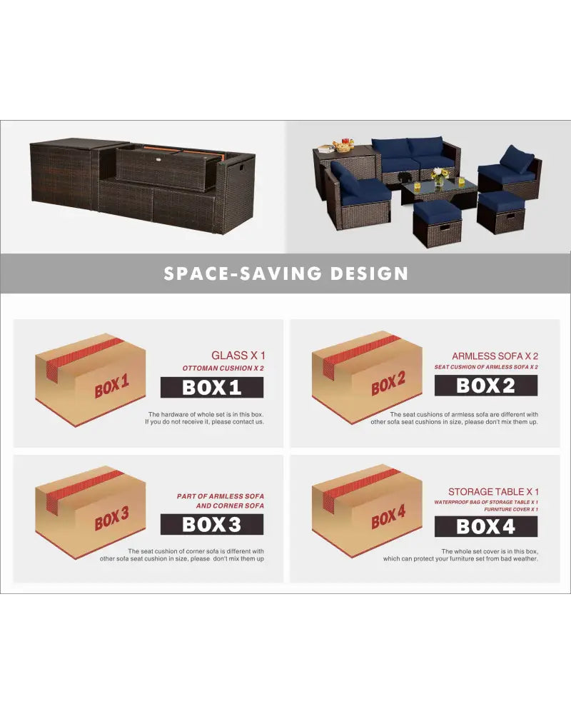 8-Piece Outdoor Wicker Furniture Set with Storage Box - Navy & White - Outdoor Sectionals