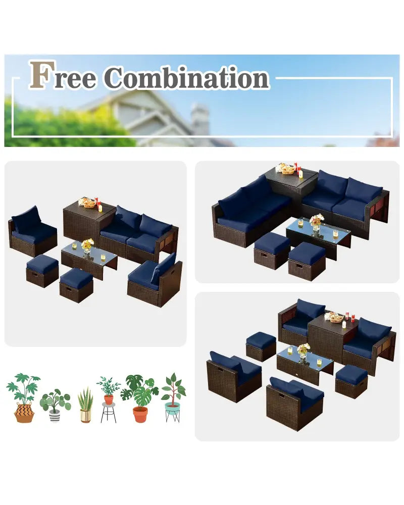 8-Piece Outdoor Wicker Furniture Set with Storage Box - Navy & White - Outdoor Sectionals