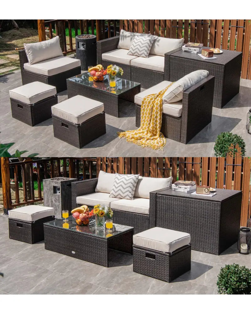 8-Piece Outdoor Wicker Furniture Set with Storage Box - Navy & White - Outdoor Sectionals