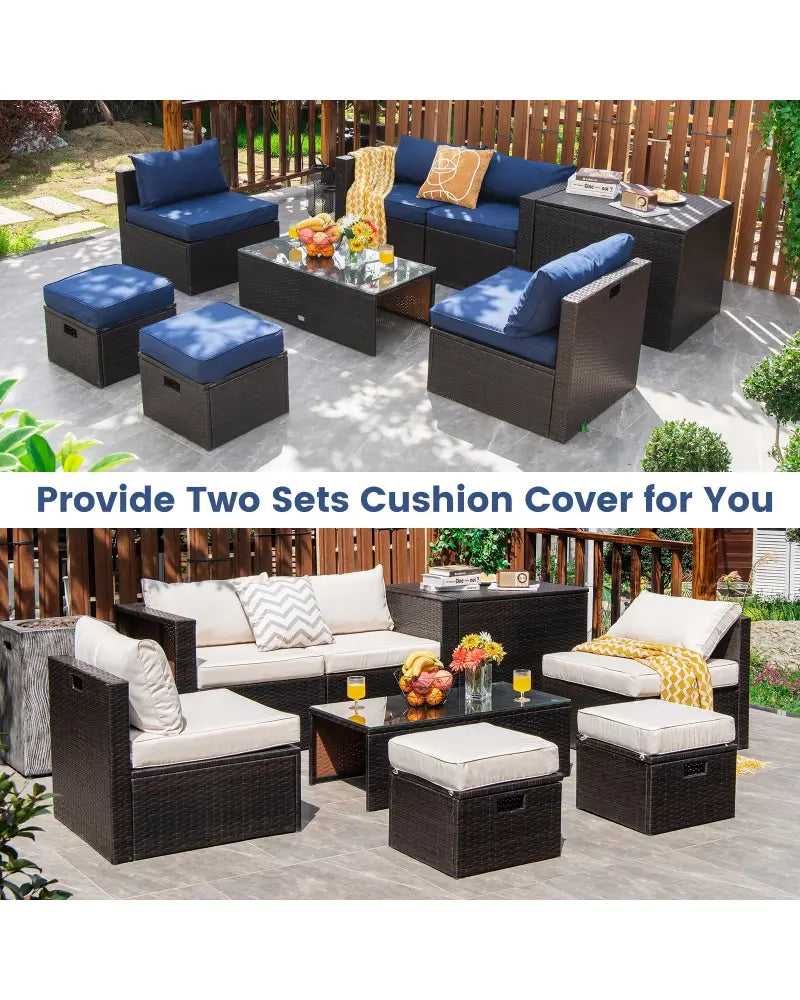 8-Piece Outdoor Wicker Furniture Set with Storage Box - Navy & White - Outdoor Sectionals