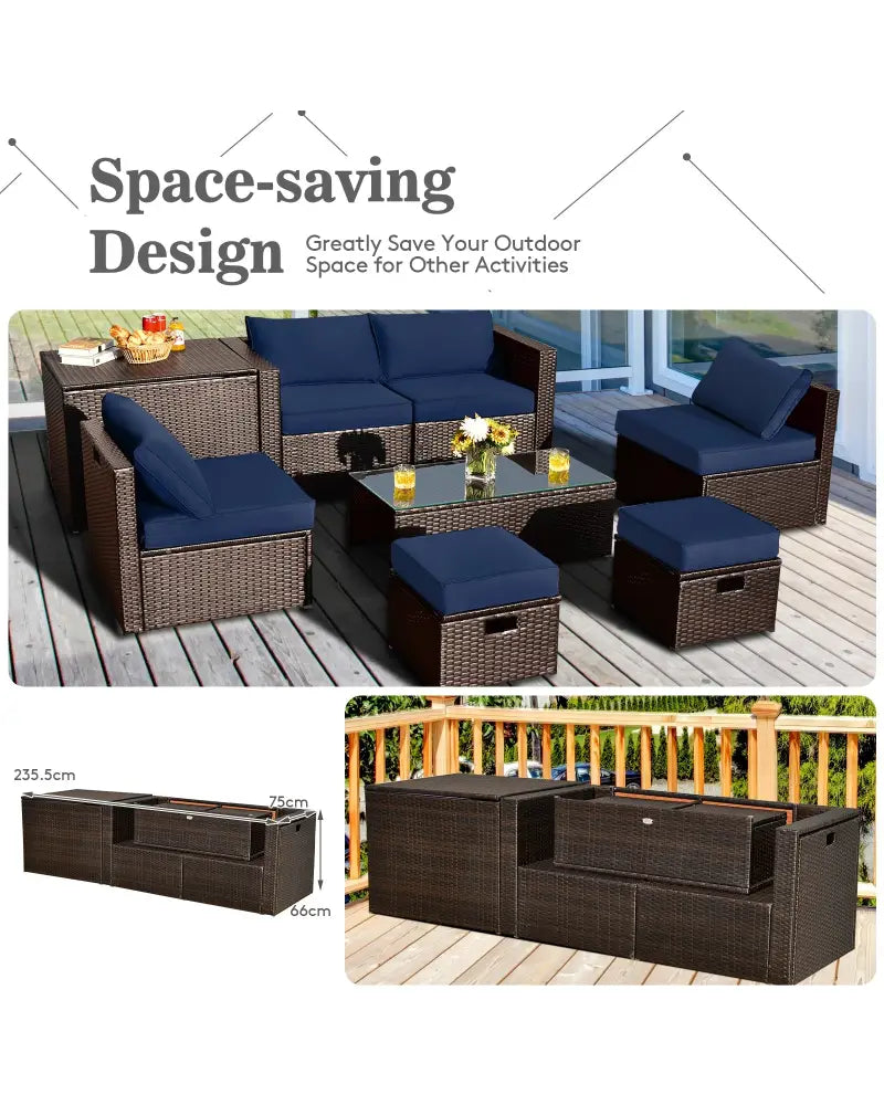 8-Piece Outdoor Wicker Furniture Set with Storage Box - Navy & White - Outdoor Sectionals