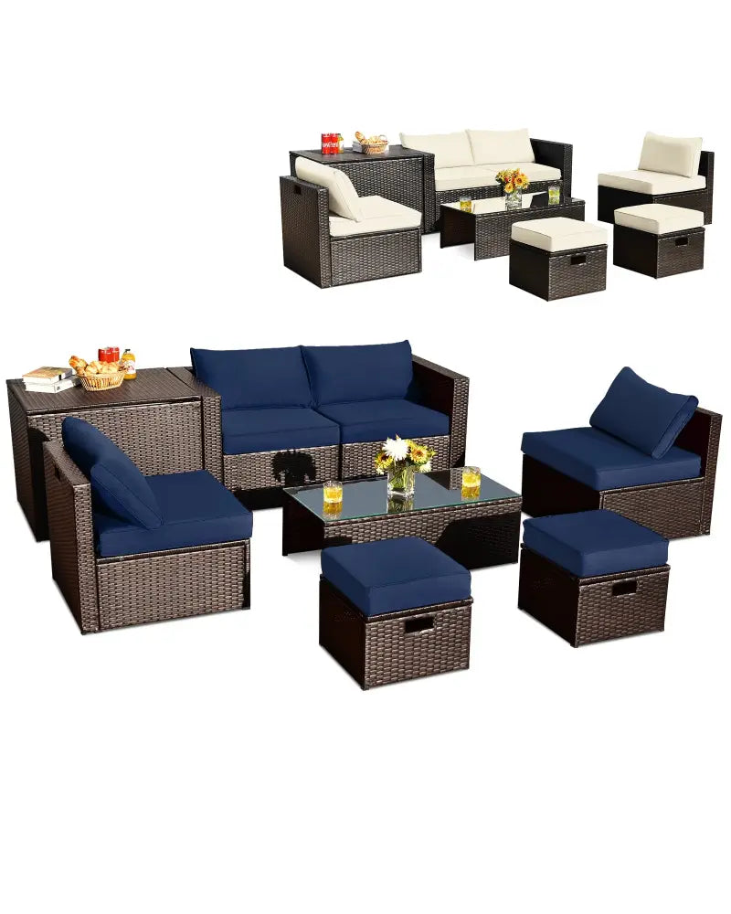 8-Piece Outdoor Wicker Furniture Set with Storage Box - Navy & White - Outdoor Sectionals