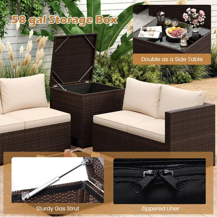 8 Piece Patio Furniture Set with Storage Box and Tempered Glass Coffee Table-Beige - Beige - Patio Conversation Sets